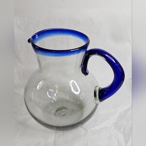 Mexican Hand Blown Bubble Glass Pitcher Vase Cobalt Blue Rim & Handle 80 oz Bola